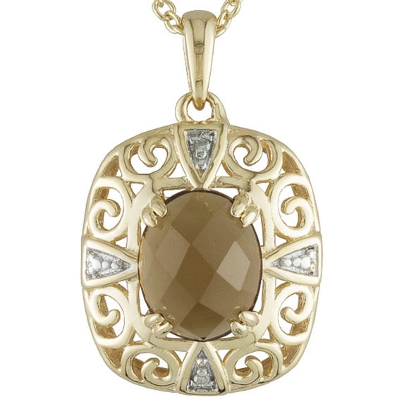 Unique faceted Cognac Quartz with Two Diamond accents with filigree detail 18K/S - Picture 2 of 6